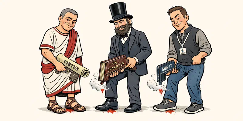 Cartoon of a Roman, a Victorian gentleman and a tech worker, each shooting their own foot with a gun labelled Virtus, On Character and Ship It.
