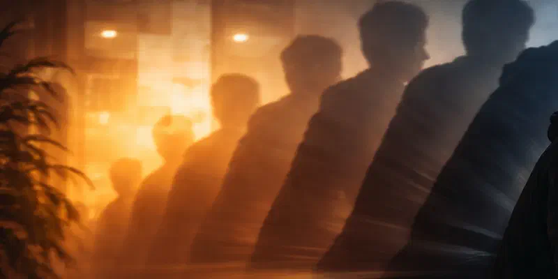 A man typing at a laptop in the foreground, with a trail of fading ghost silhouettes of him streaming away behind in warm orange light.