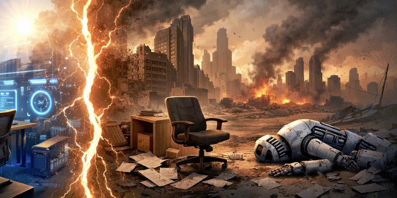 A lightning bolt splits the scene: left, a man at glowing screens beside a robot arm; right, a burning ruined city, empty chair and broken robot.