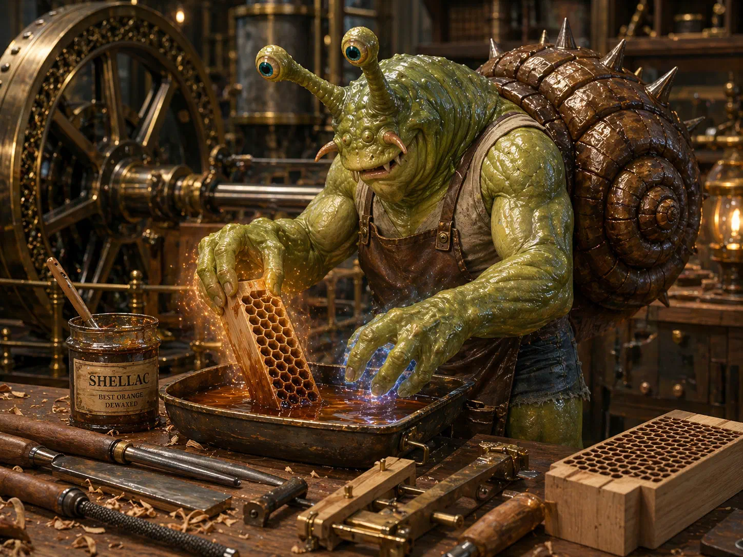 Glorp, a half-snelk half-catfolk artificer in a leather apron, carefully applying a coat of shellac to a freshly-carved beech-honeycomb heat-exchanger blank on a workshop bench, with templated carving jigs and Manifold Tool visible in the background.