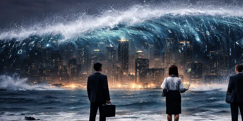 Three office workers in suits stand on a shore at night, facing a towering wave of glowing data that breaks over a city skyline.