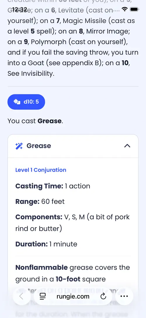 A surge result showing the Grease spell with its full description expanded inline